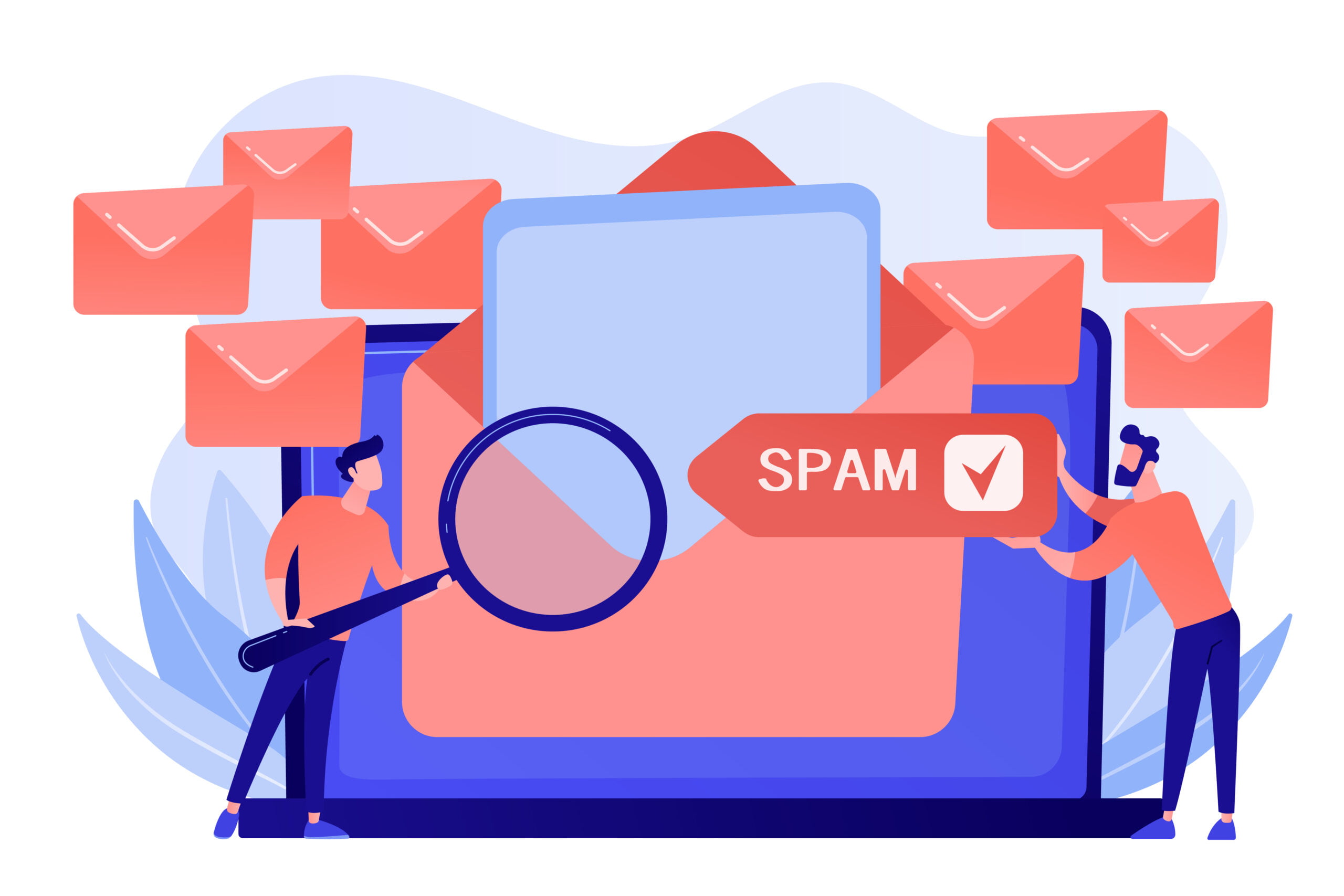 Businessmen get advertising, phishing, spreading malware irrelevant unsolicited spam message. Spam, unsolicited messages, malware spreading concept. Pinkish coral bluevector isolated illustration